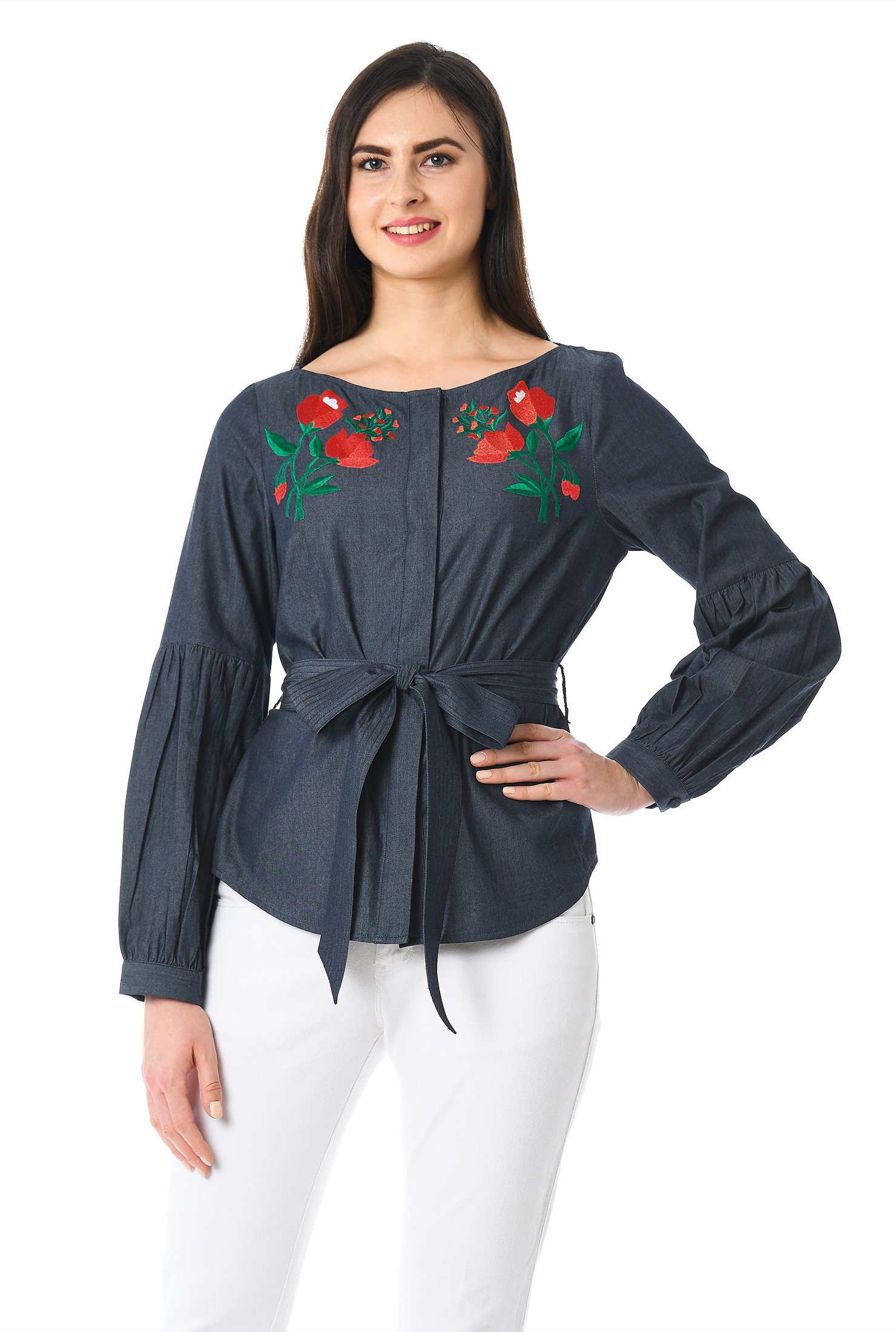 Shop Floral embellished cotton chambray blouse | eShakti