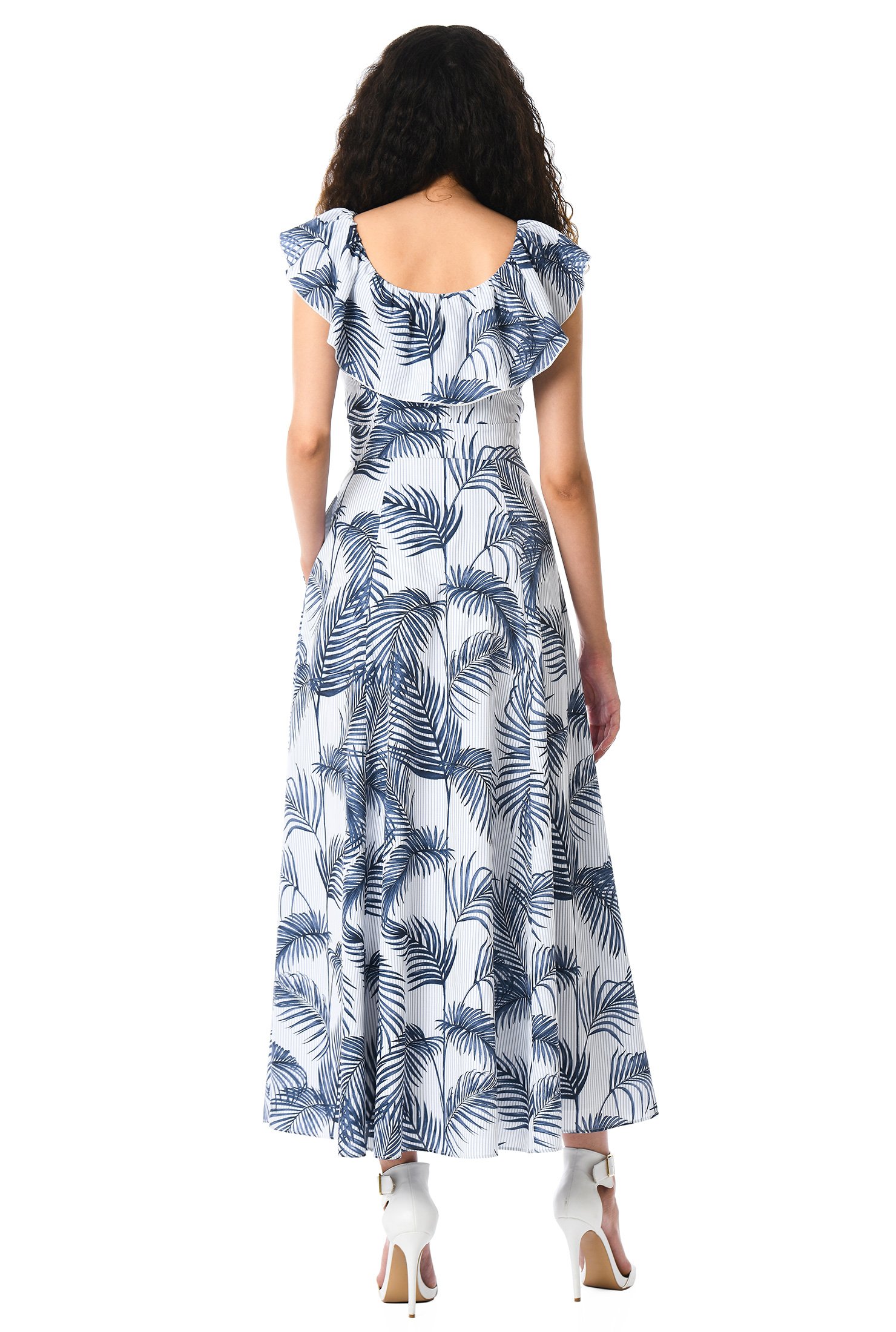 Shop Ruffle neck stripe palm print bustier midi crepe dress | eShakti