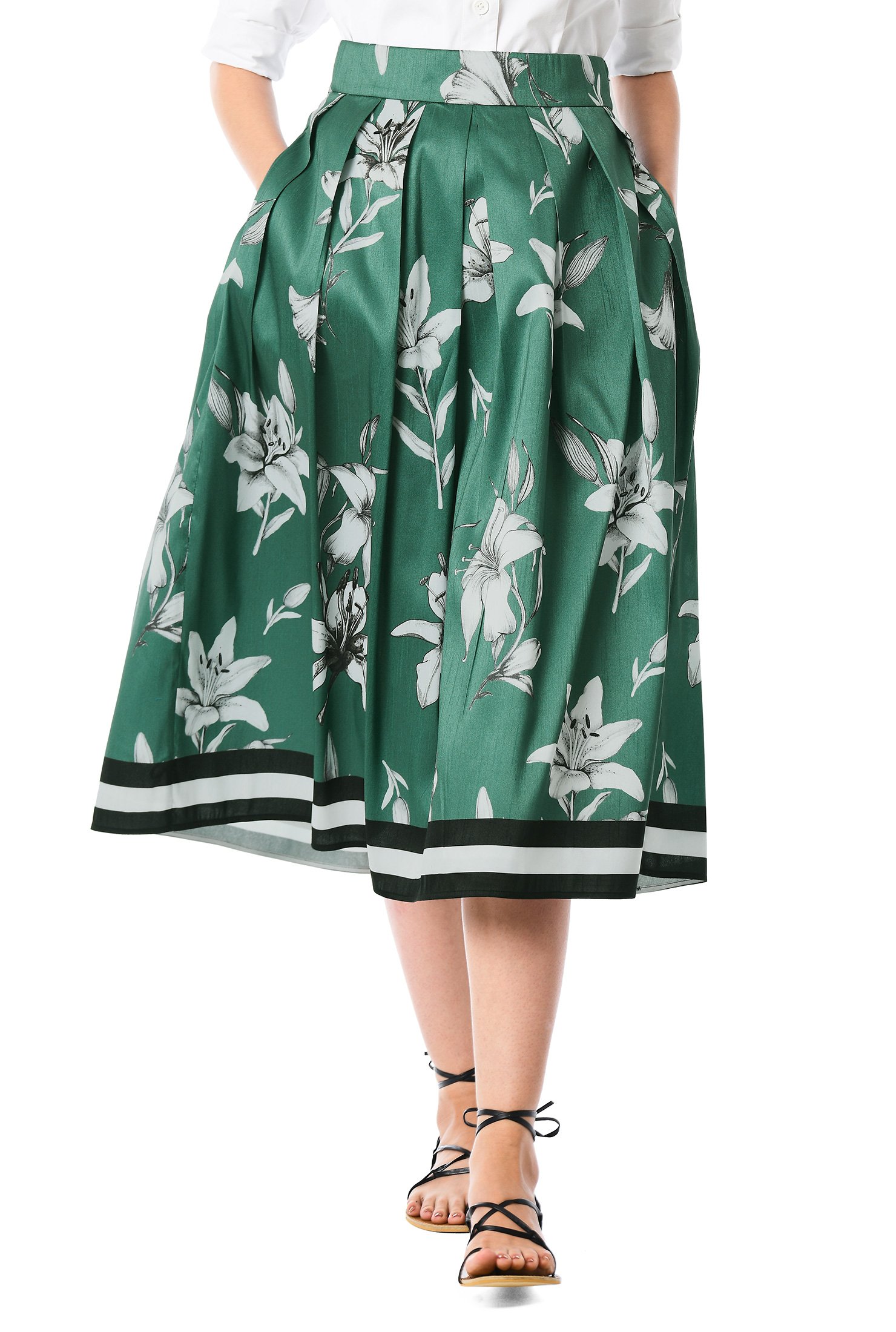 Shop Box-pleat lily and stripe print dupioni skirt | eShakti