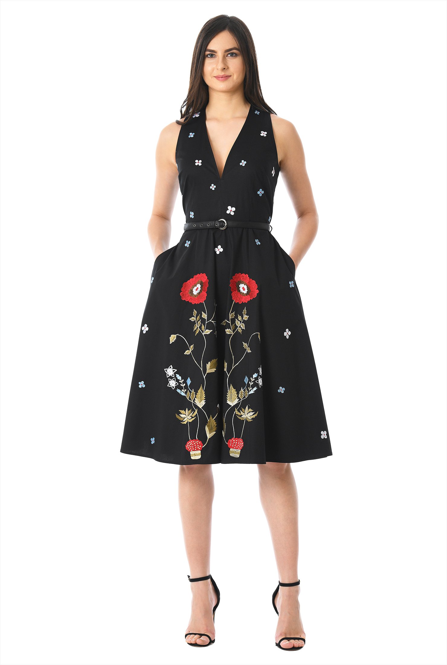 Shop Floral embellished poplin belted dress | eShakti