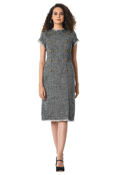 Shop Fringe trim boucle tweed shift dress | eShakti