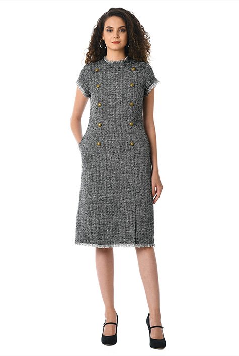 Shop Fringe trim boucle tweed shift dress | eShakti