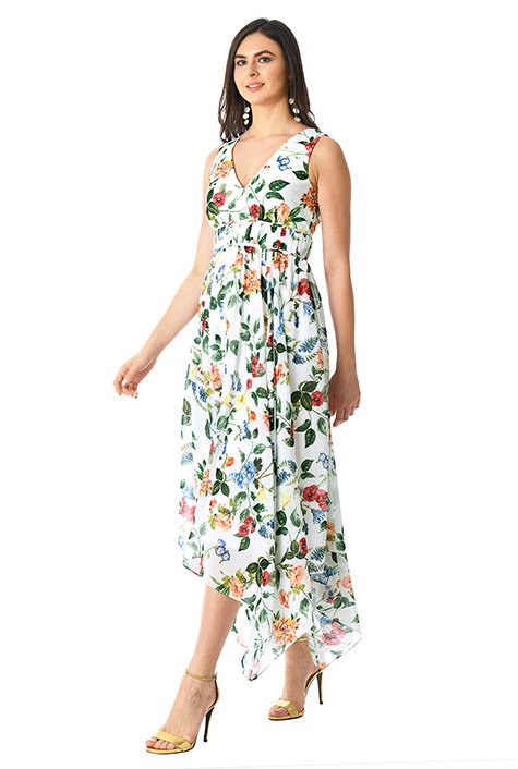 Shop Handkerchief hem tropical floral print georgette dress | eShakti