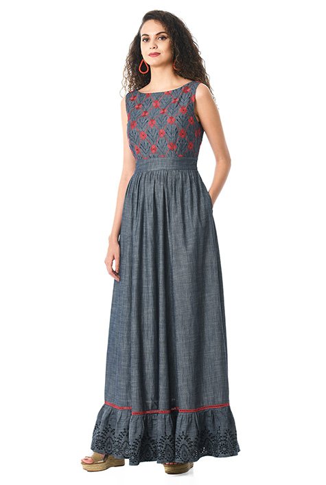 Shop Floral Embellished Cotton Chambray Maxi Dress Eshakti