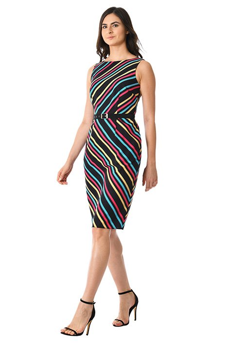 Shop Stripe print crepe belted sheath dress | eShakti