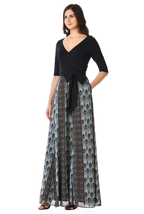 Shop Cotton knit and mixed print georgette surplice maxi dress | eShakti