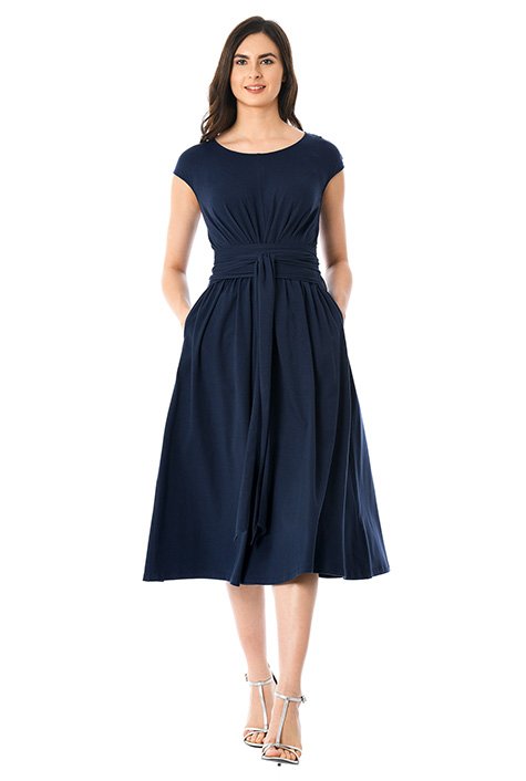 Shop Cotton knit pleated obi belt dress | eShakti