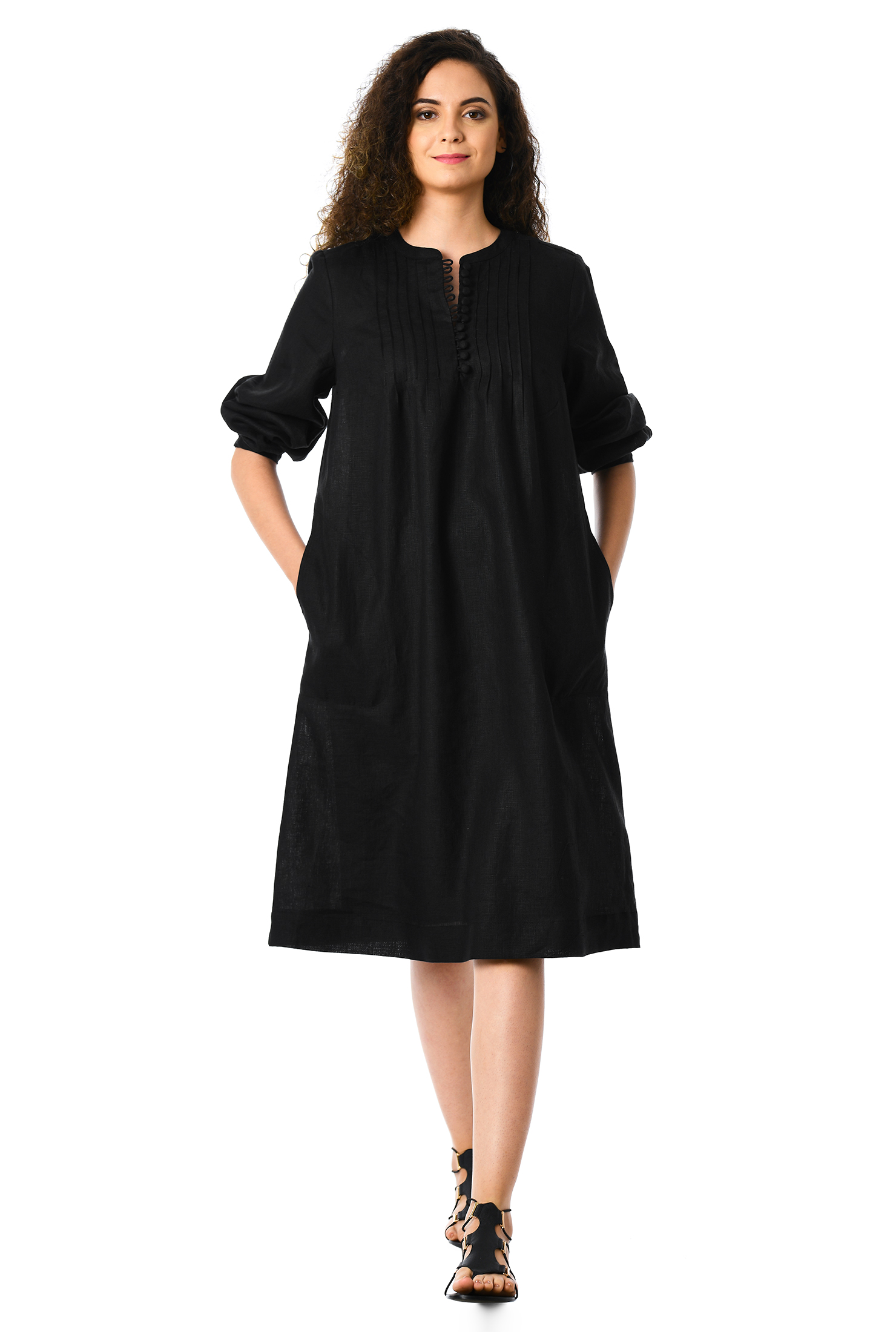 Shop Pintuck pleat linen shift dress eShakti