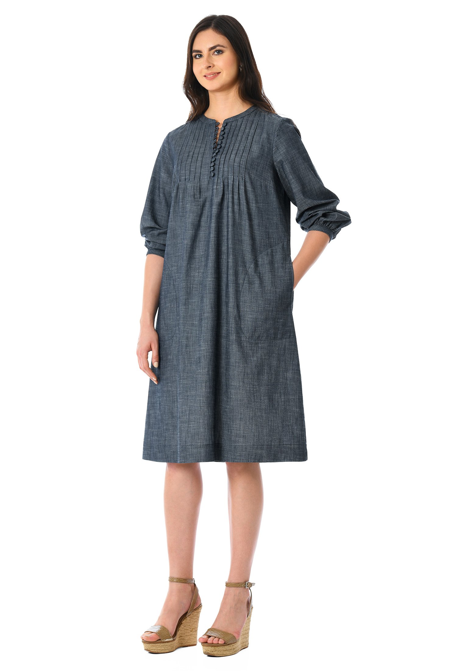 Shop Pintuck pleat cotton chambray shift dress | eShakti