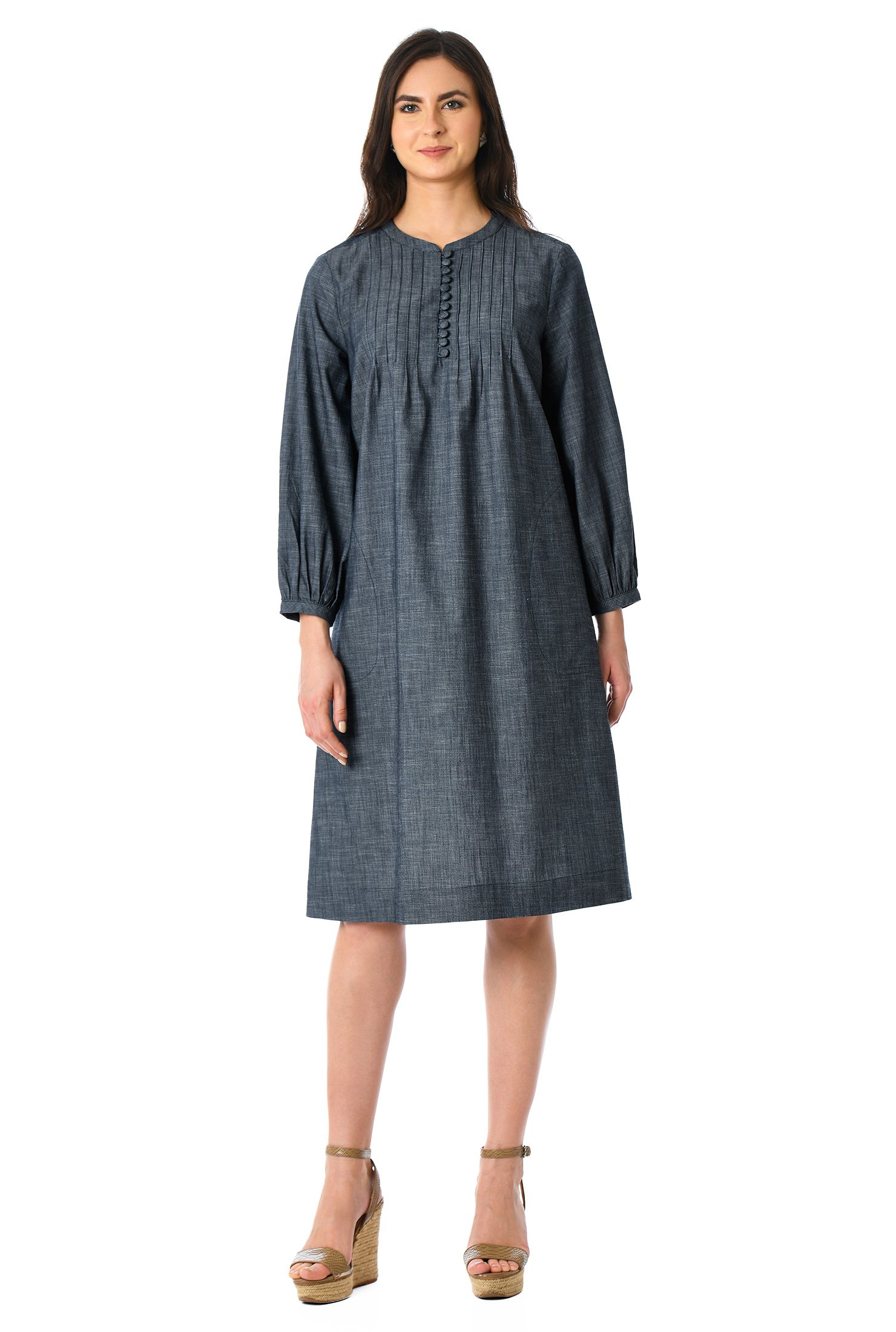 Shop Pintuck pleat cotton chambray shift dress | eShakti