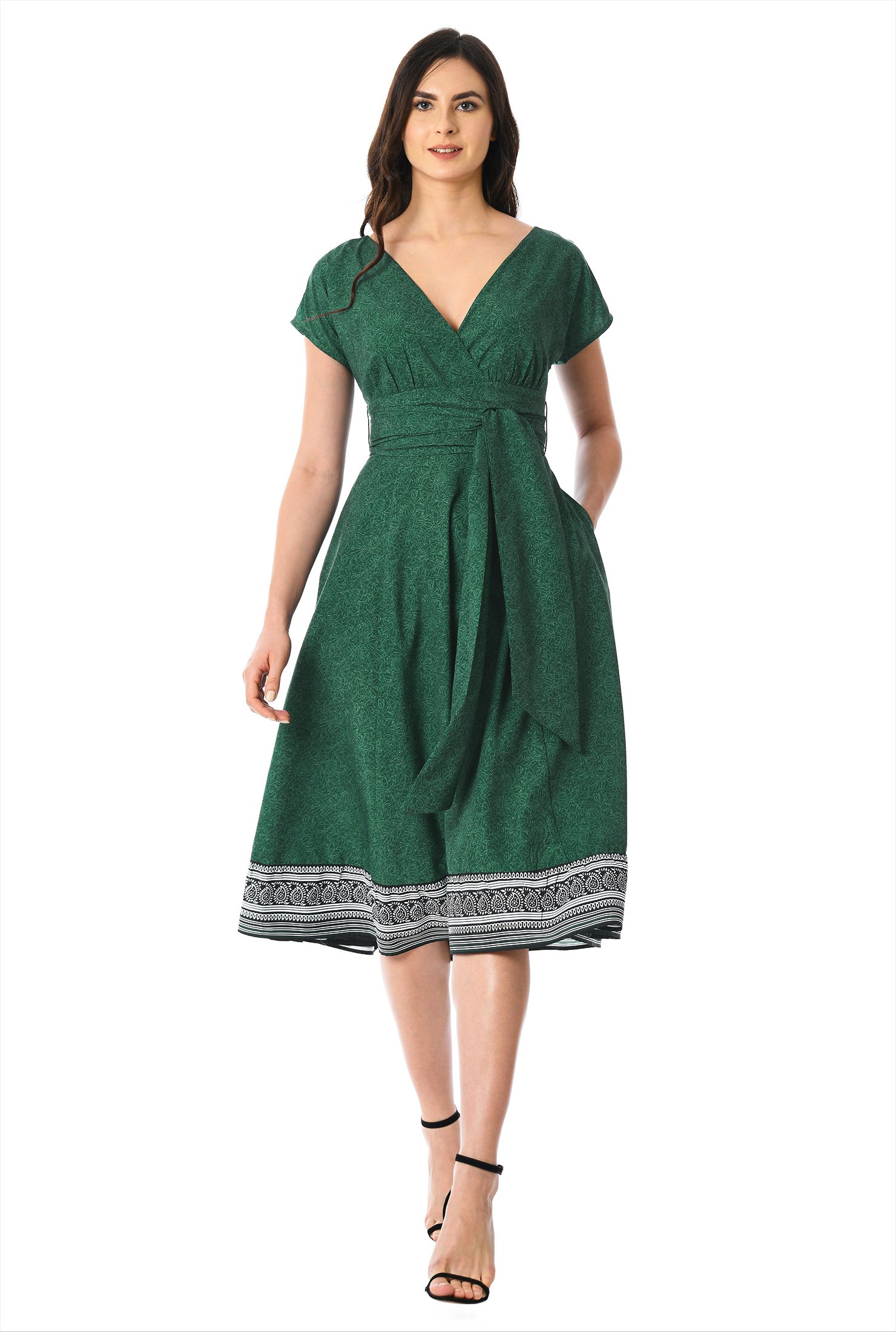Shop Floral paisley border print sash tie crepe dress | eShakti