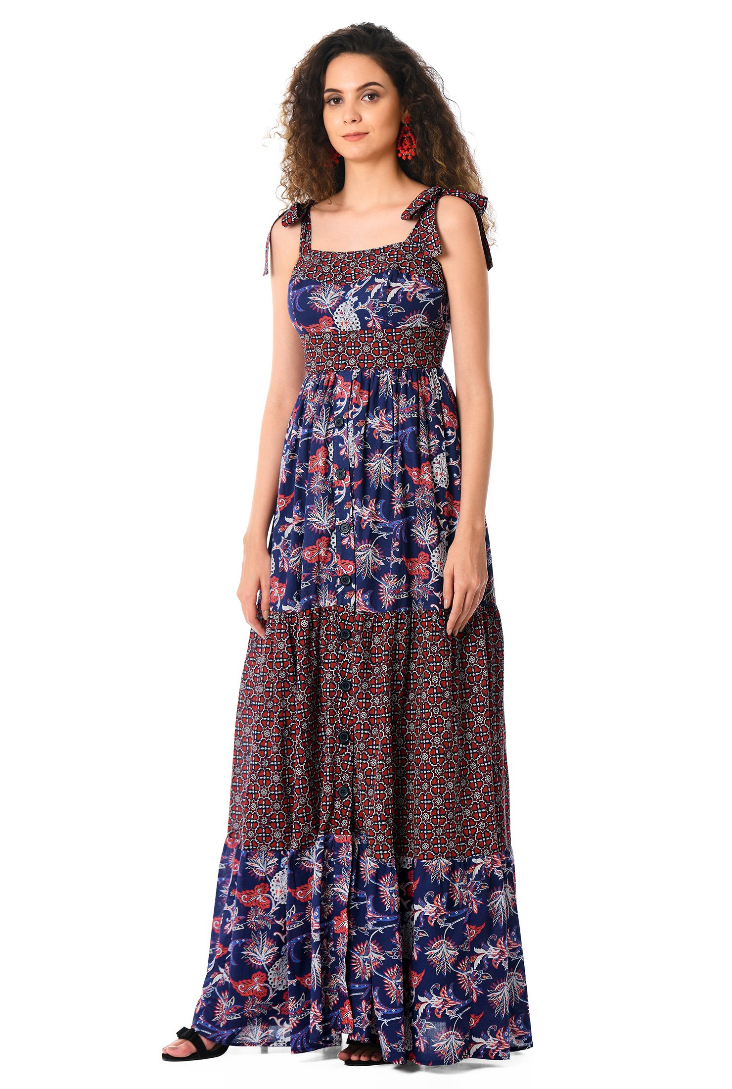 Shop Floral and tile print cotton tiered maxi dress | eShakti