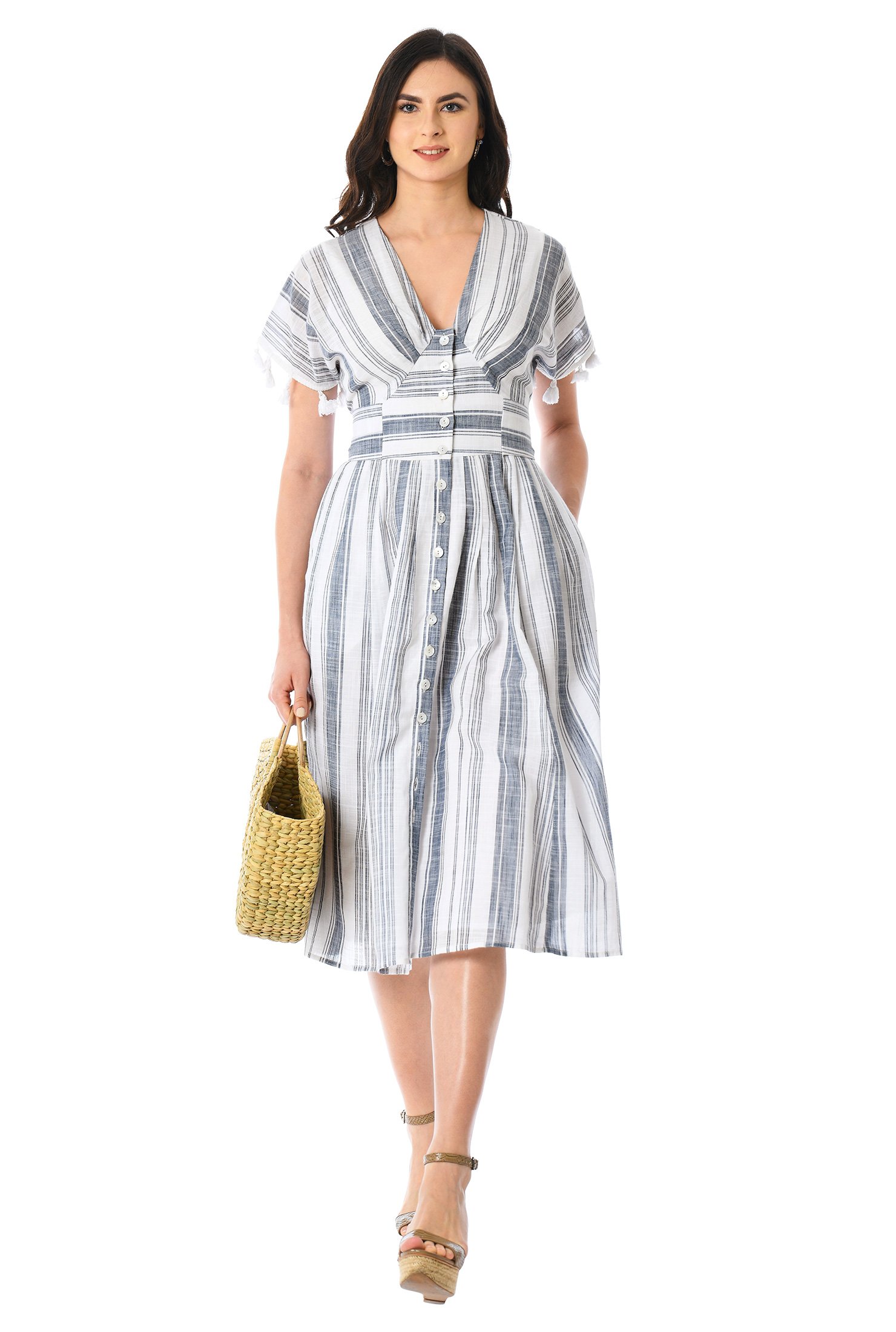 Shop Stripe cotton tassel trim dress | eShakti