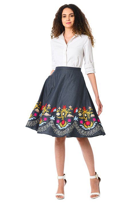 Shop Floral wool embellished cotton chambray skirt | eShakti