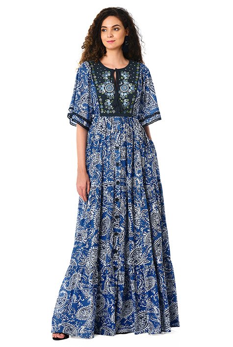 Shop Embellished bib paisley print cotton maxi dress | eShakti