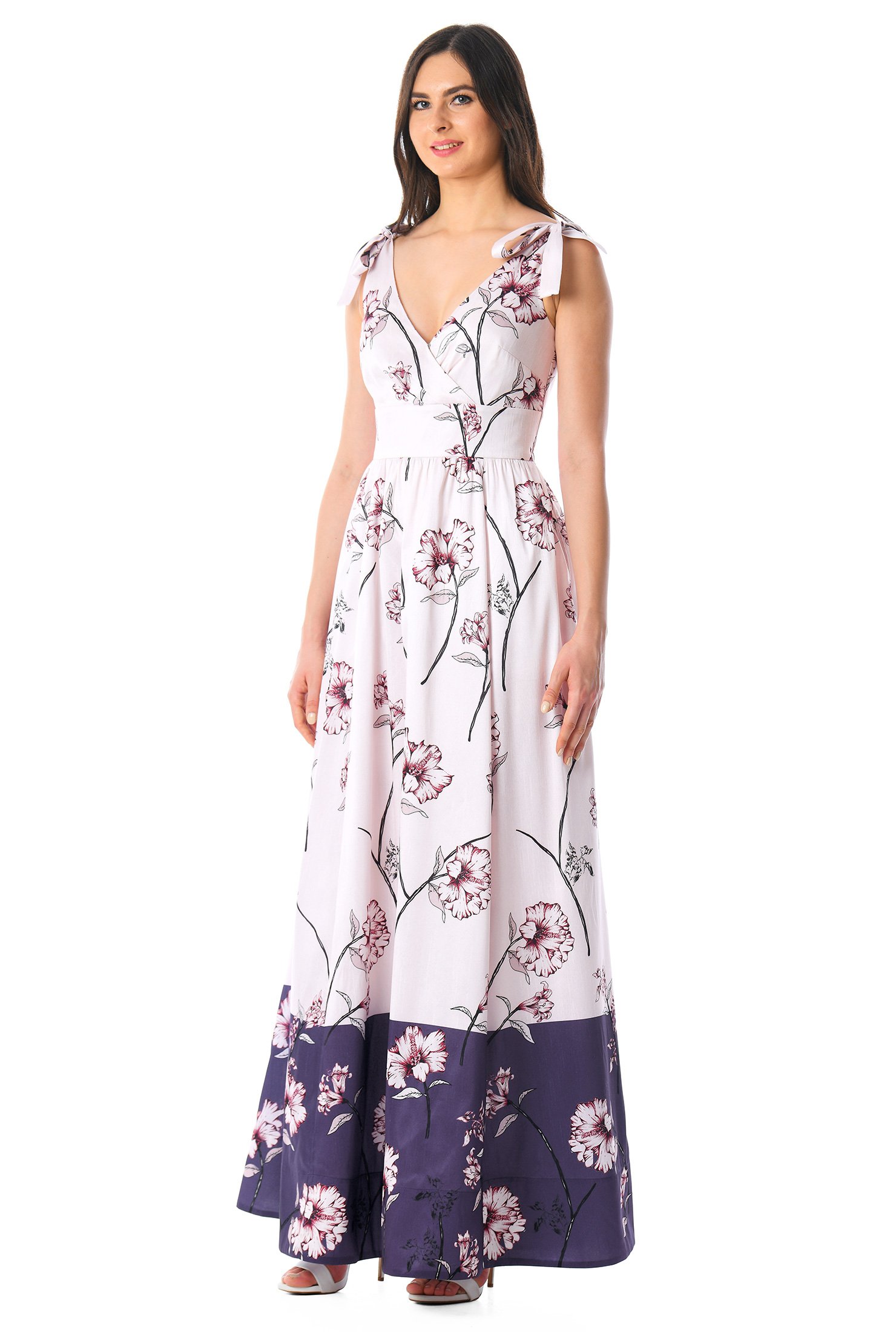 Shop Shoulder ties surplice floral dupioni maxi dress | eShakti
