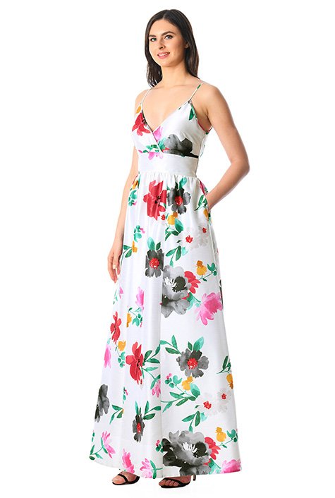 Shop Floral print surplice dupioni maxi dress | eShakti