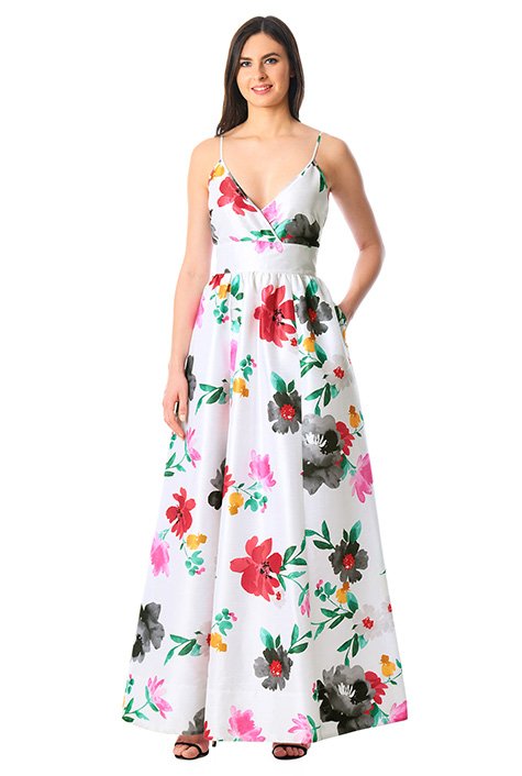 Shop Floral print surplice dupioni maxi dress | eShakti