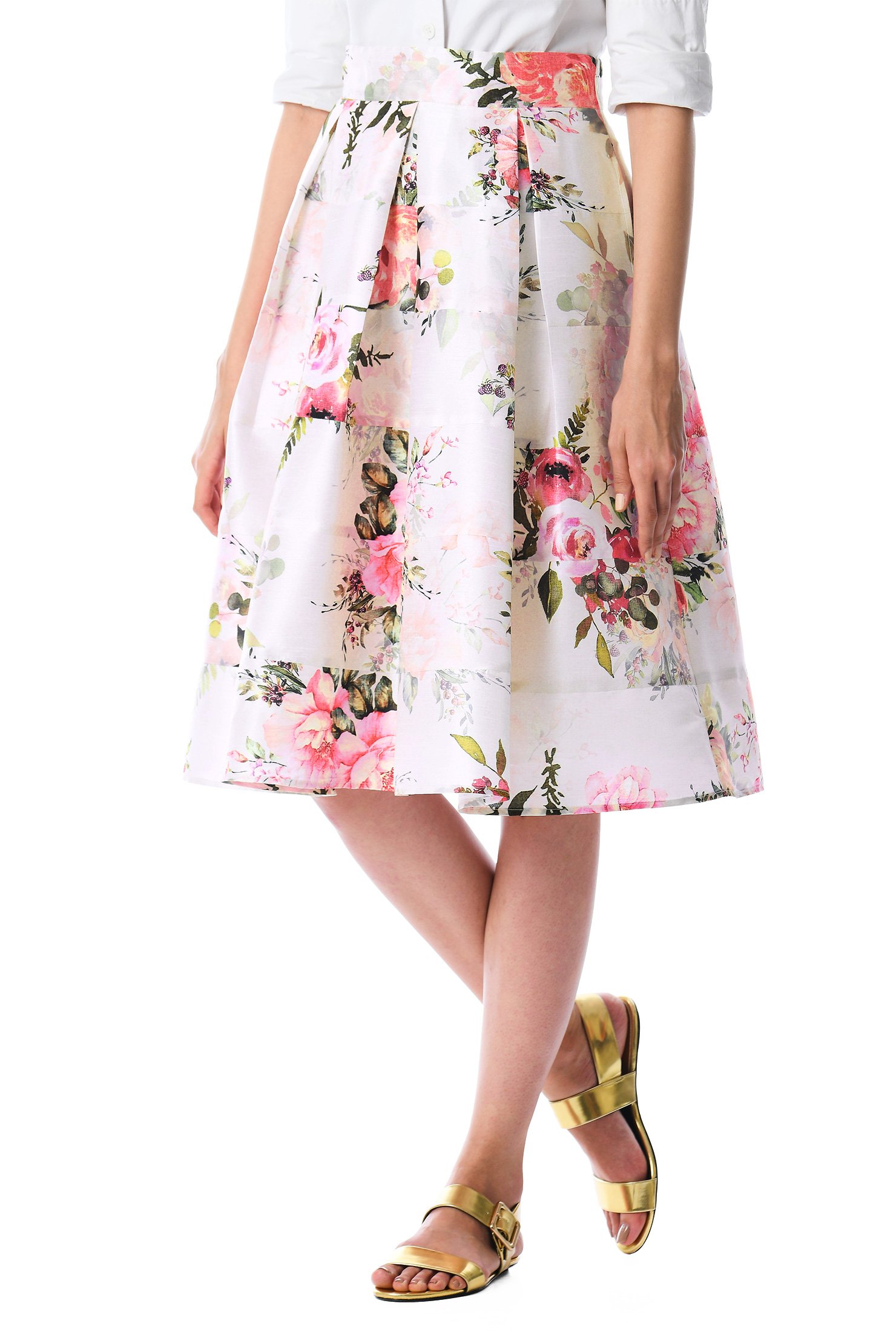 Shop Rose print dupioni box pleat skirt | eShakti