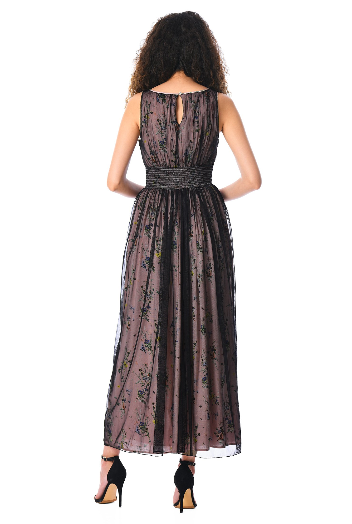 Shop Tulle overlay floral print ruched maxi dress | eShakti