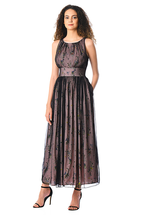 Shop Tulle overlay floral print ruched maxi dress eShakti