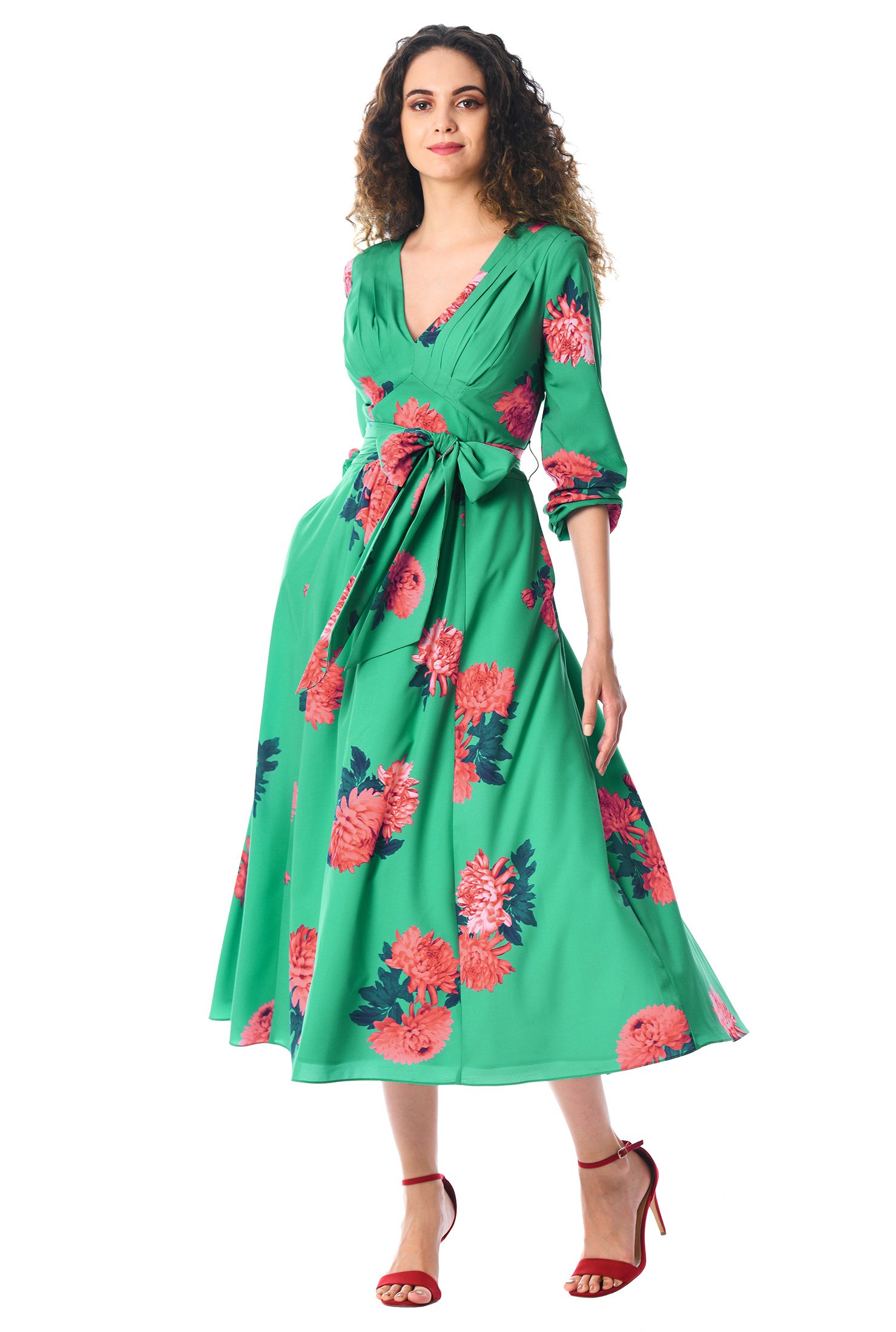 Shop Pleated floral print crepe midi dress | eShakti