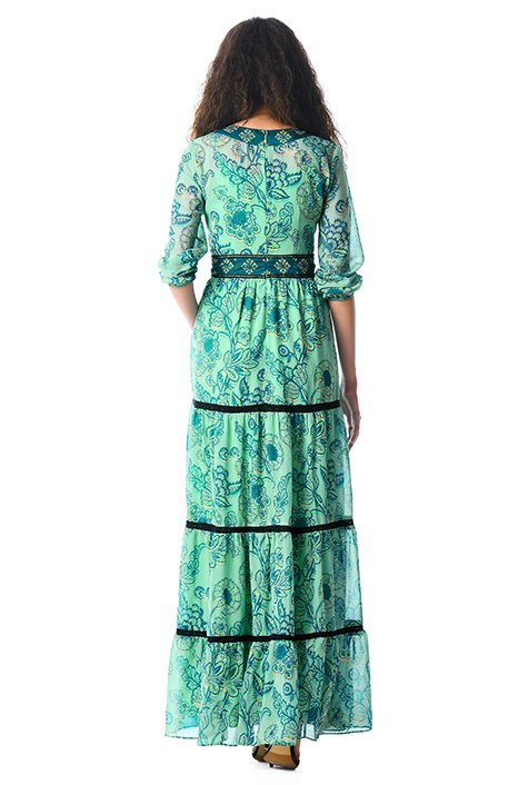 Shop Vintage floral vine print lace trim georgette maxi dress | eShakti