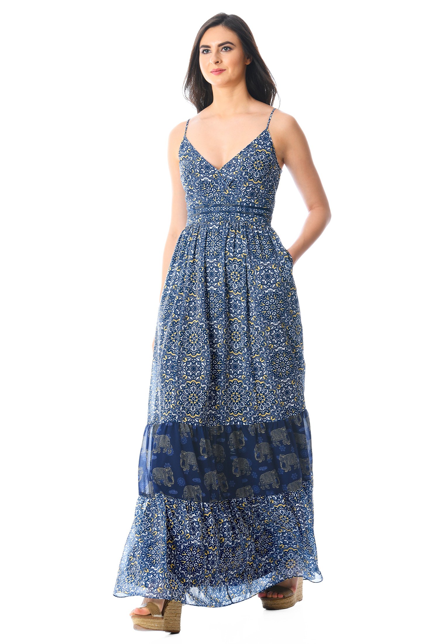 Shop Mosaic and elephant print georgette maxi dress | eShakti