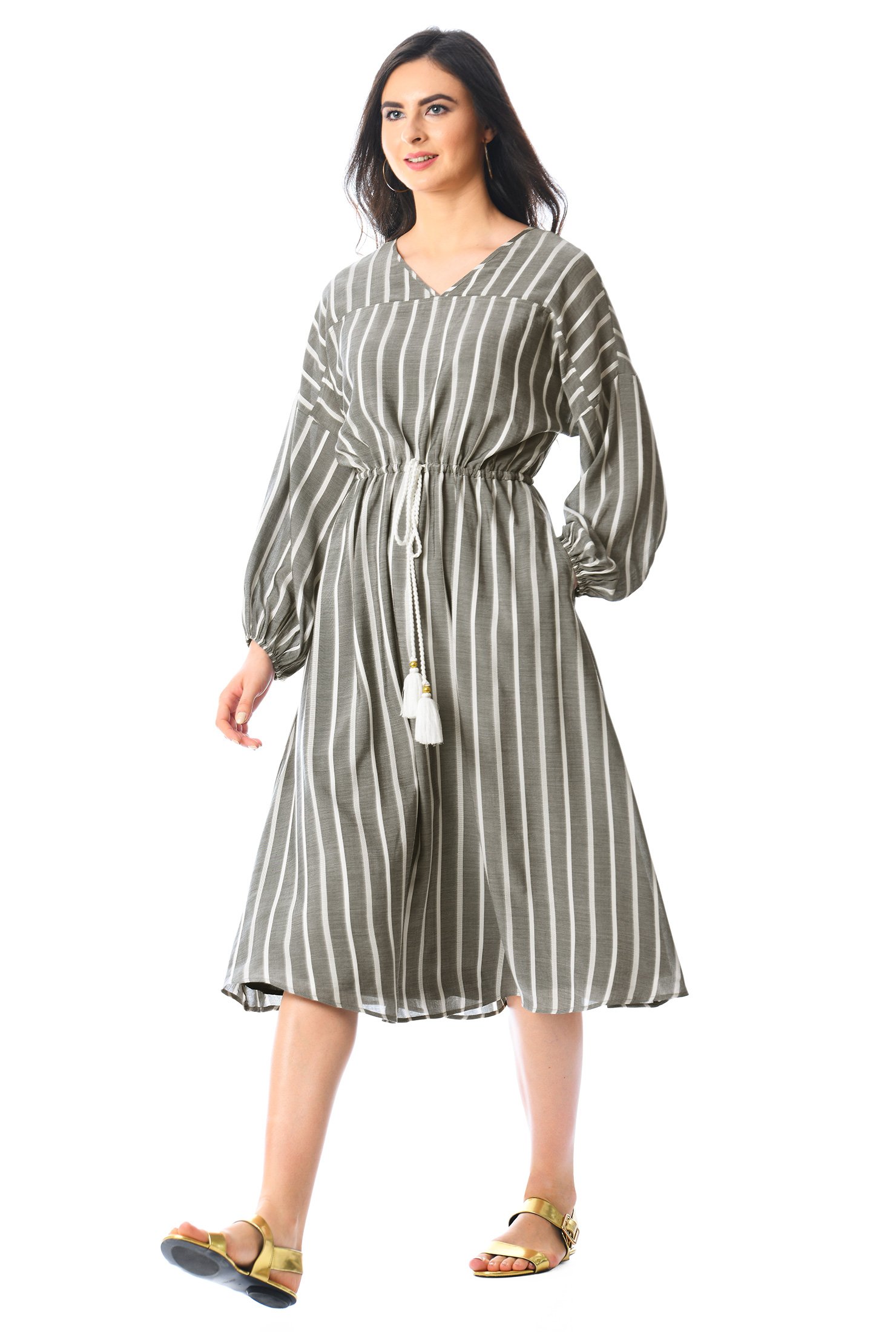 Shop Stripe cotton chambray drawstring tassel tie dress | eShakti