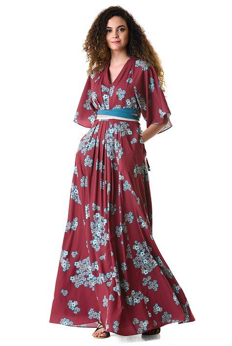 Shop Floral print crepe stripe sash maxi dress | eShakti