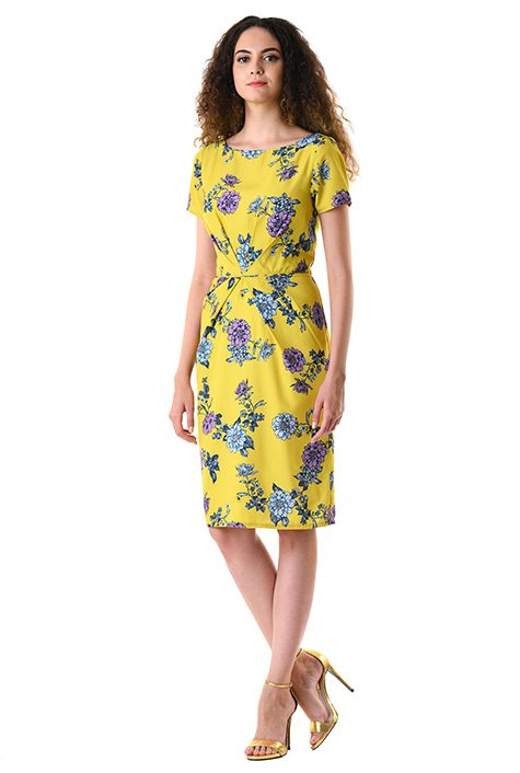 Shop Pleat front floral print crepe sheath dress | eShakti