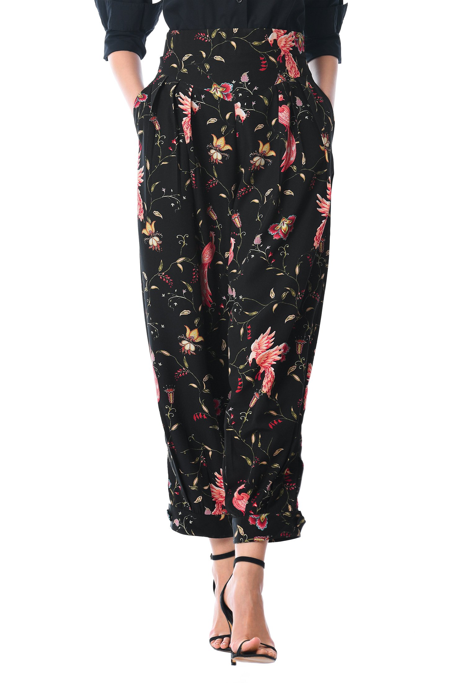 Shop Floral bird print crepe ankle button cuff joggers | eShakti