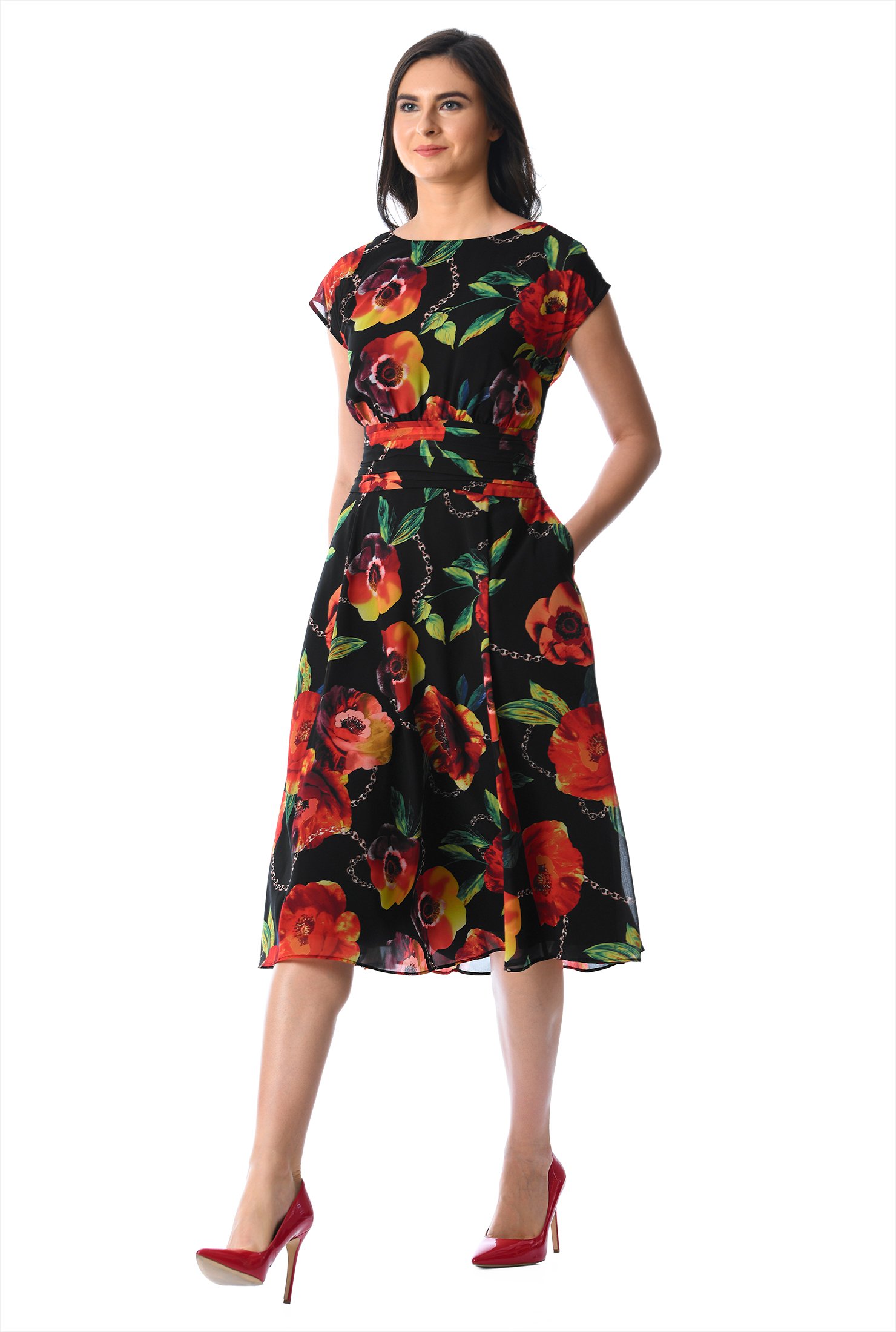 Shop Floral print pleated empire georgette dress | eShakti