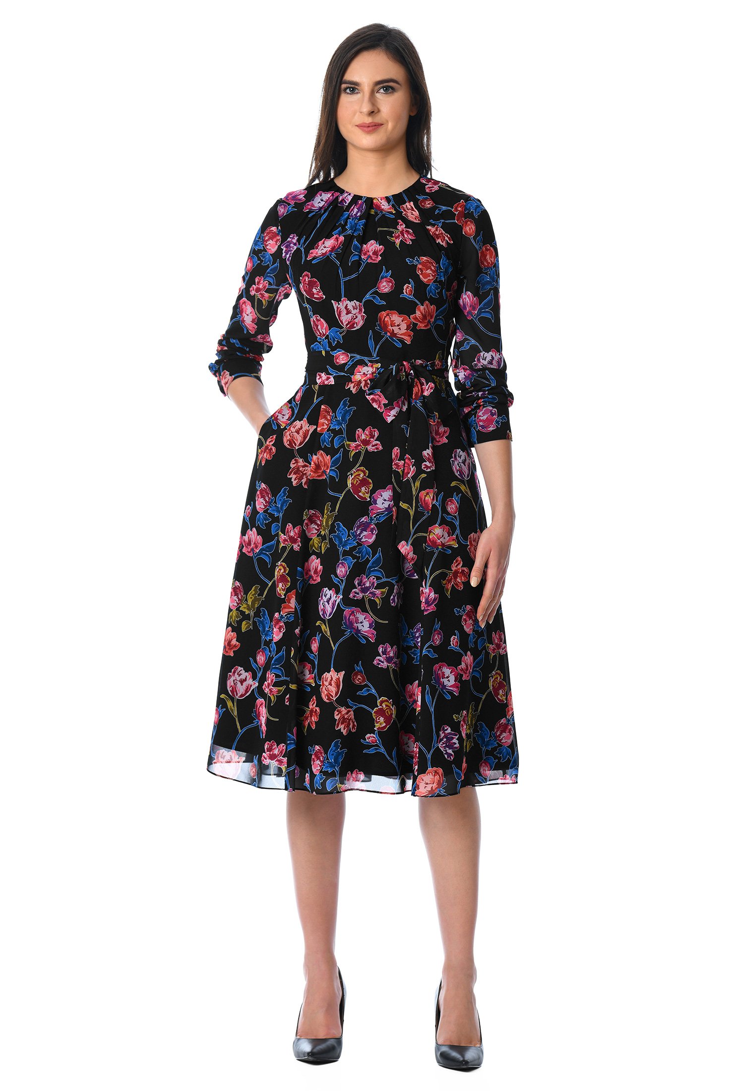 Shop Ruched pleat floral print georgette dress | eShakti