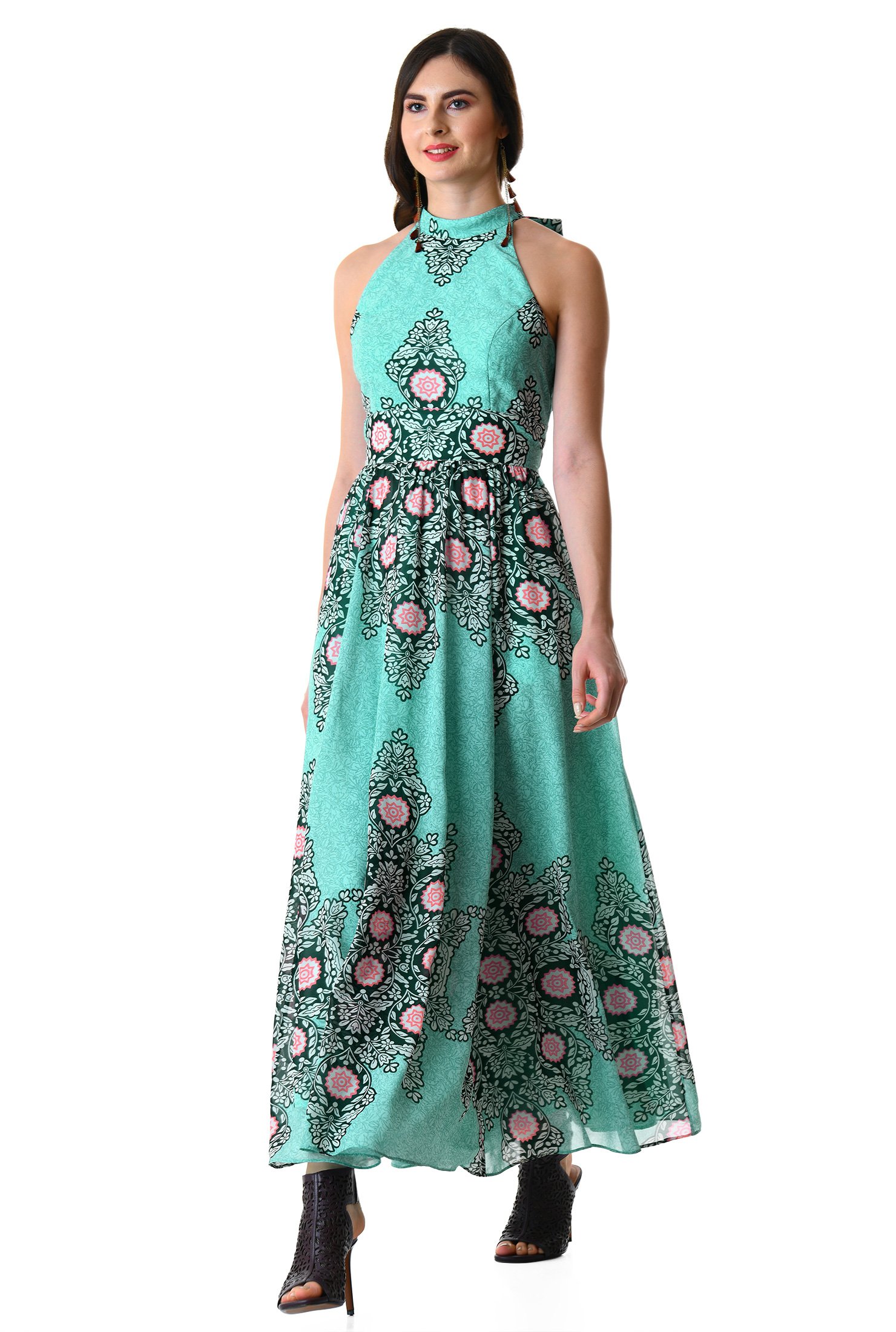 Shop Graphic floral print georgette halter maxi dress | eShakti