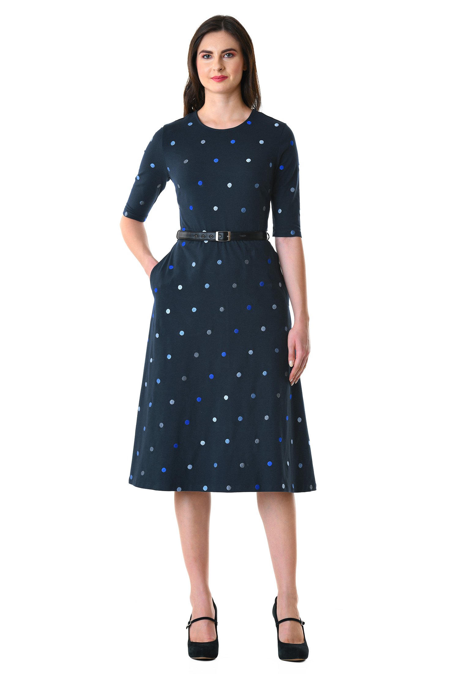 Shop Polka dot embellished cotton knit belted dress | eShakti