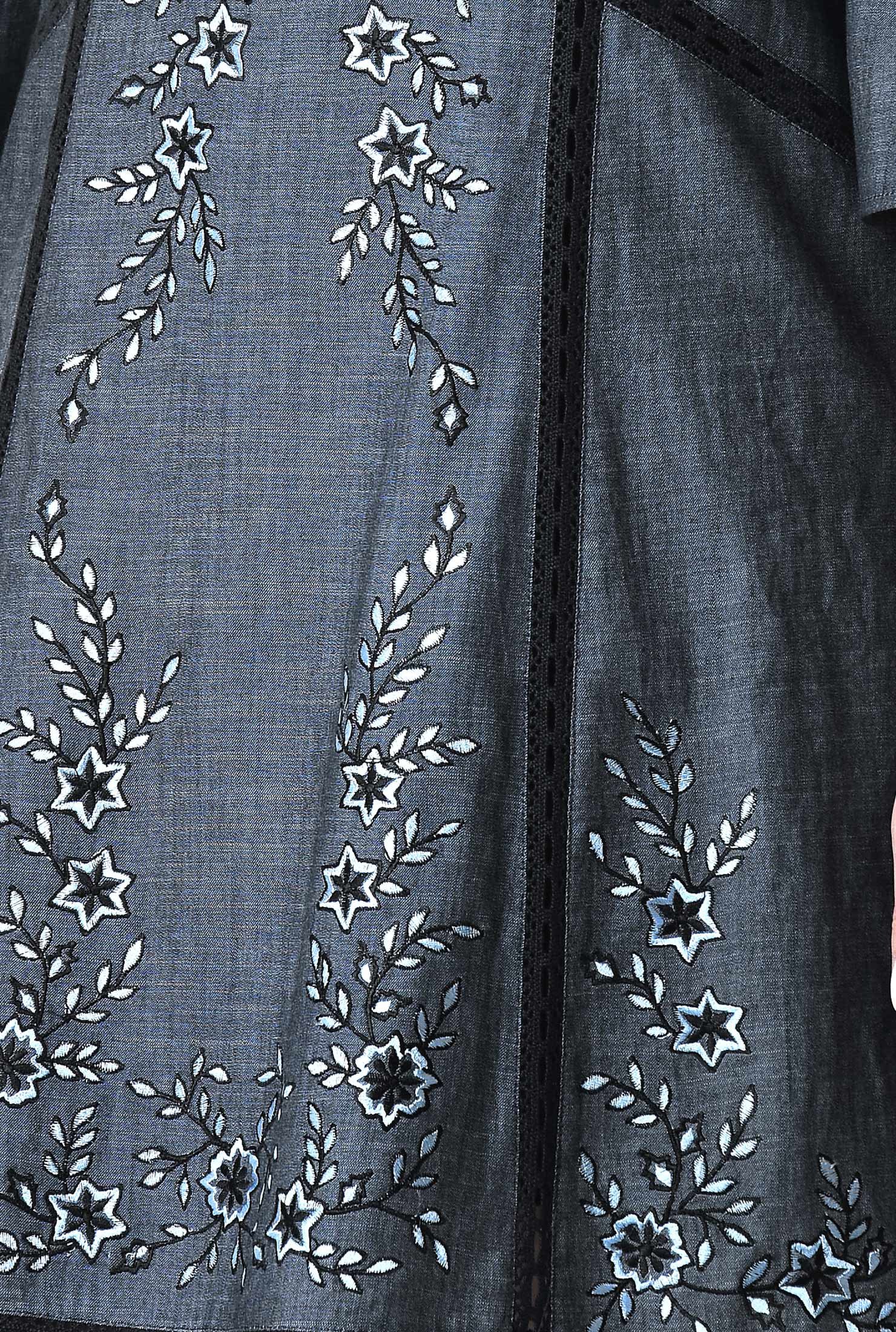 Shop Lace trim embellished cotton chambray shift dress | eShakti