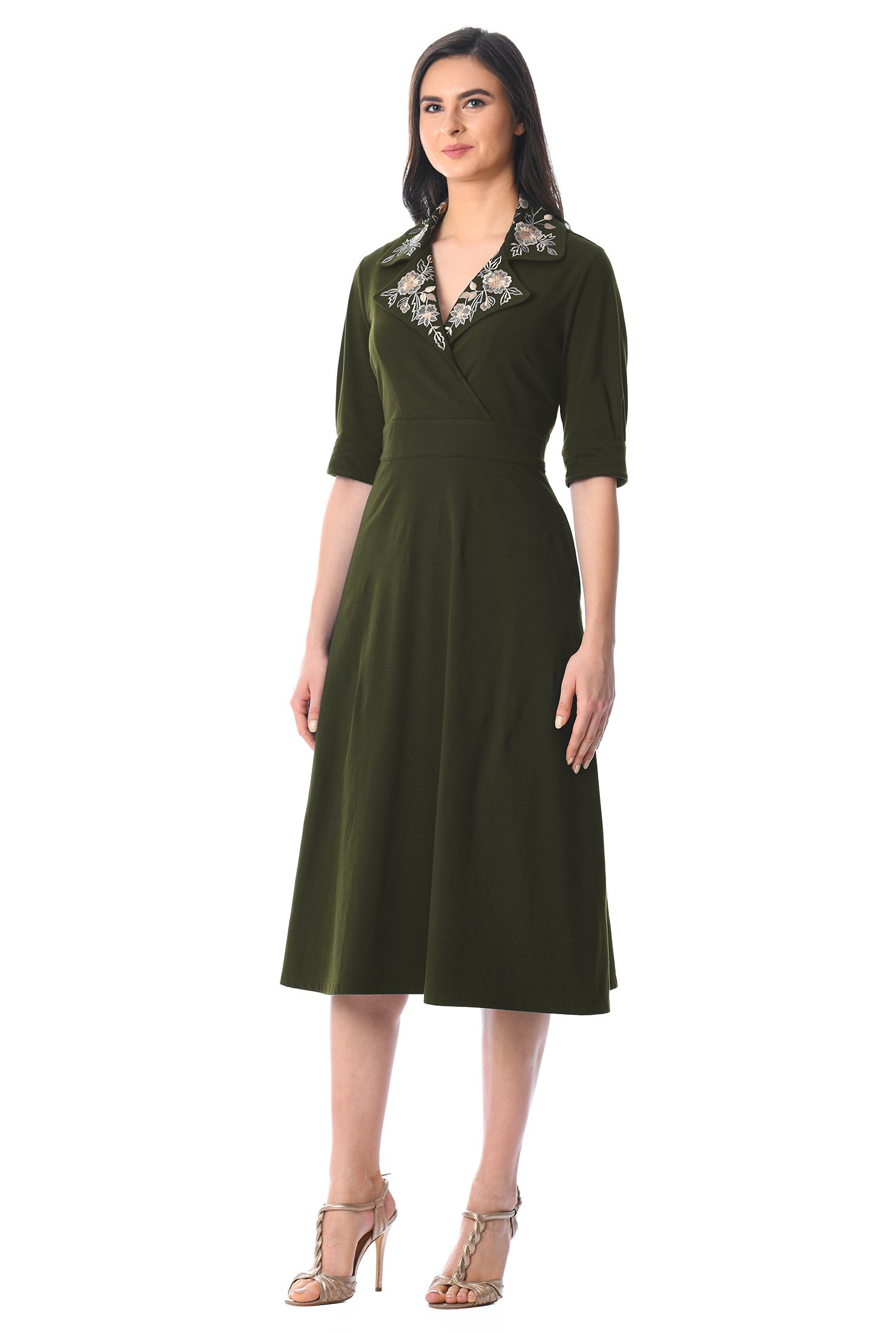 Shop Floral embellished notch collar cotton knit dress | eShakti