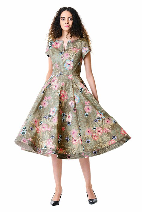 Shop Floral print cotton twill trapunto trim dress | eShakti