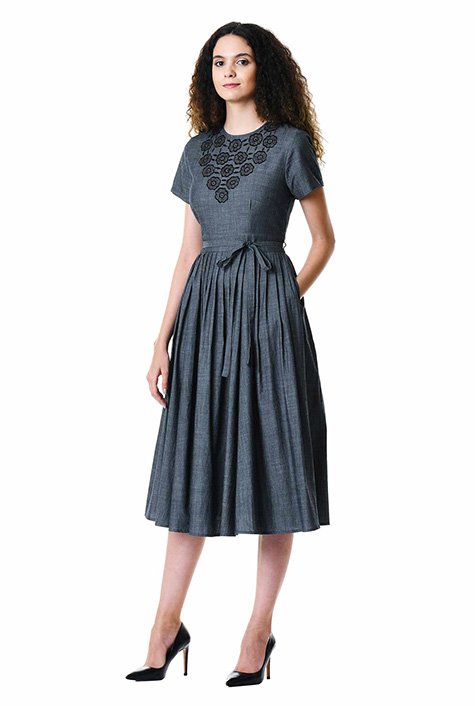 Shop Floral embellished bib cotton chambray sash tie dress | eShakti