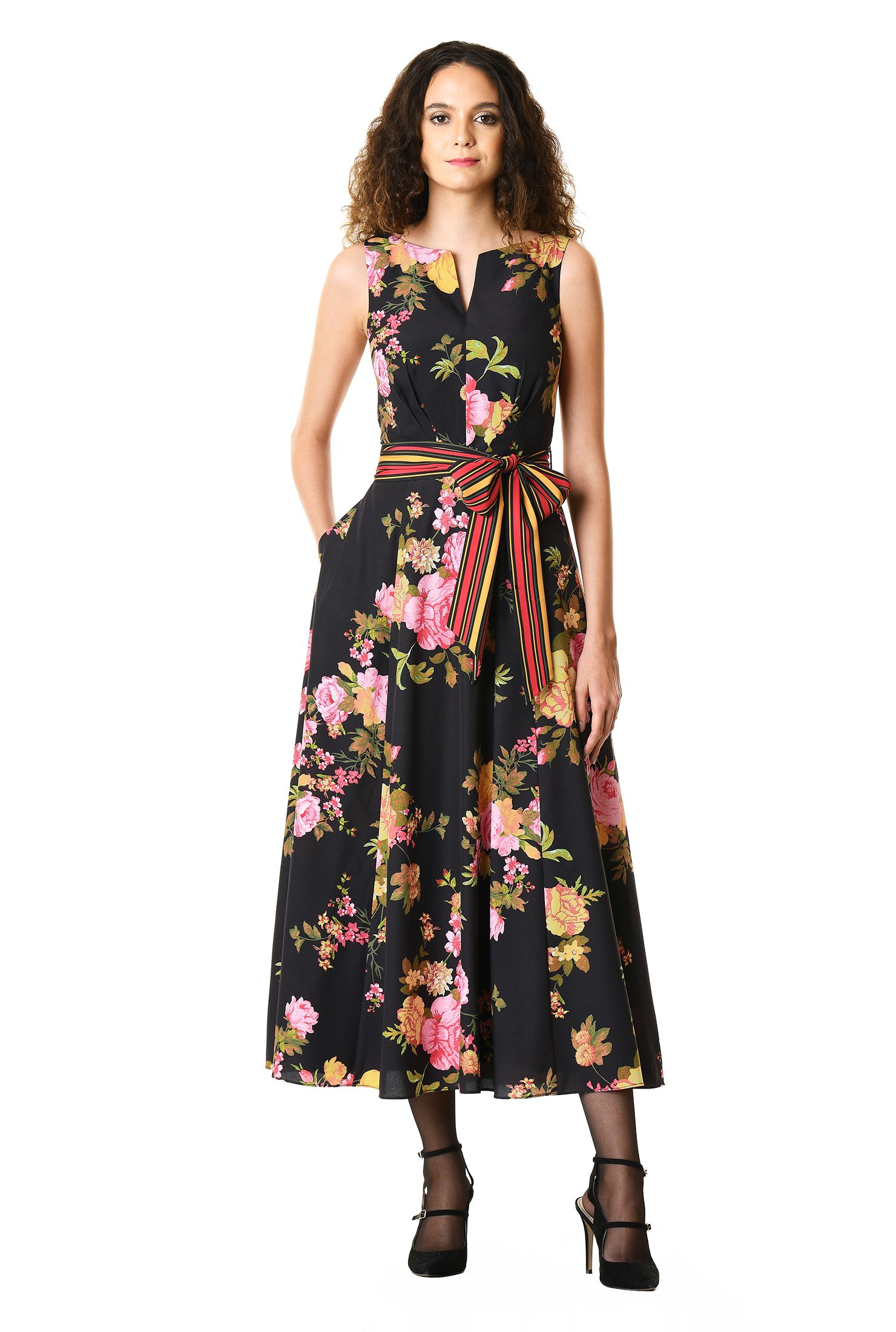 Shop Floral print crepe stripe sash midi dress | eShakti