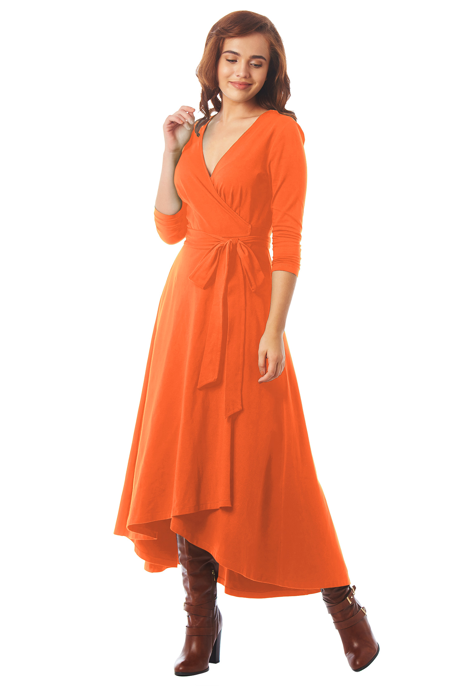 Shop Cotton knit highlow hem wrap dress eShakti