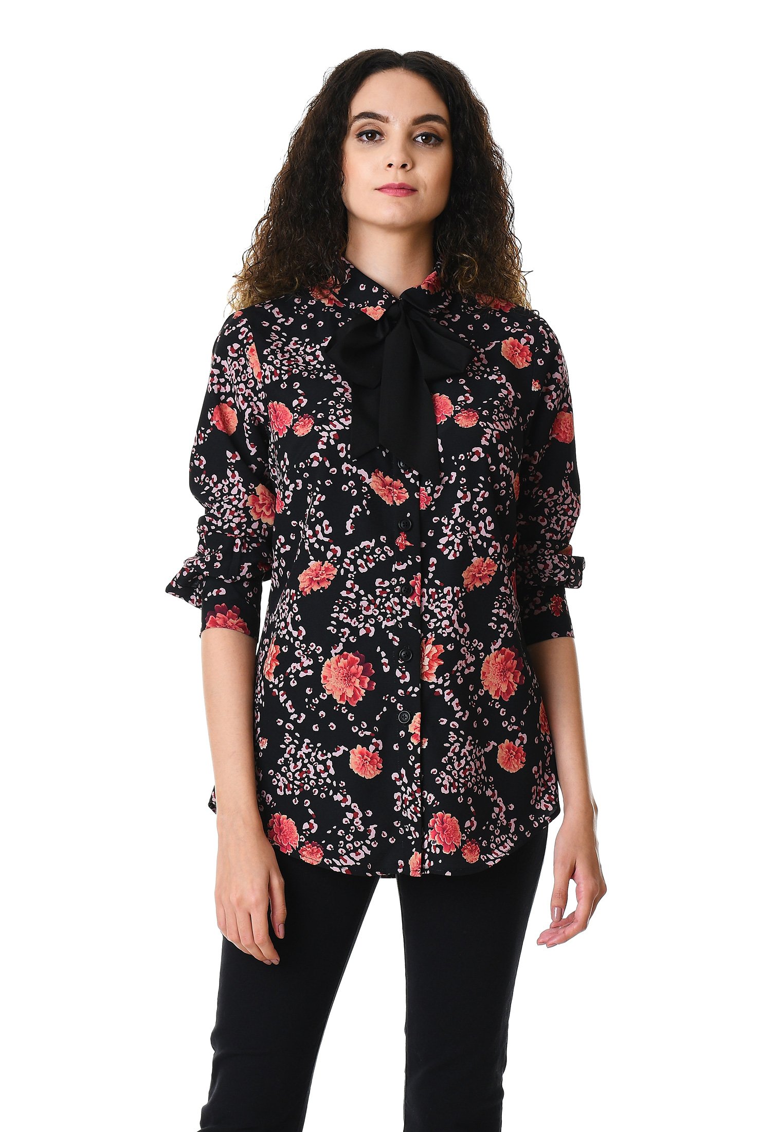 Shop Tie neck floral print crepe shirt | eShakti