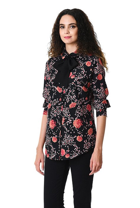 Shop Tie neck floral print crepe shirt | eShakti