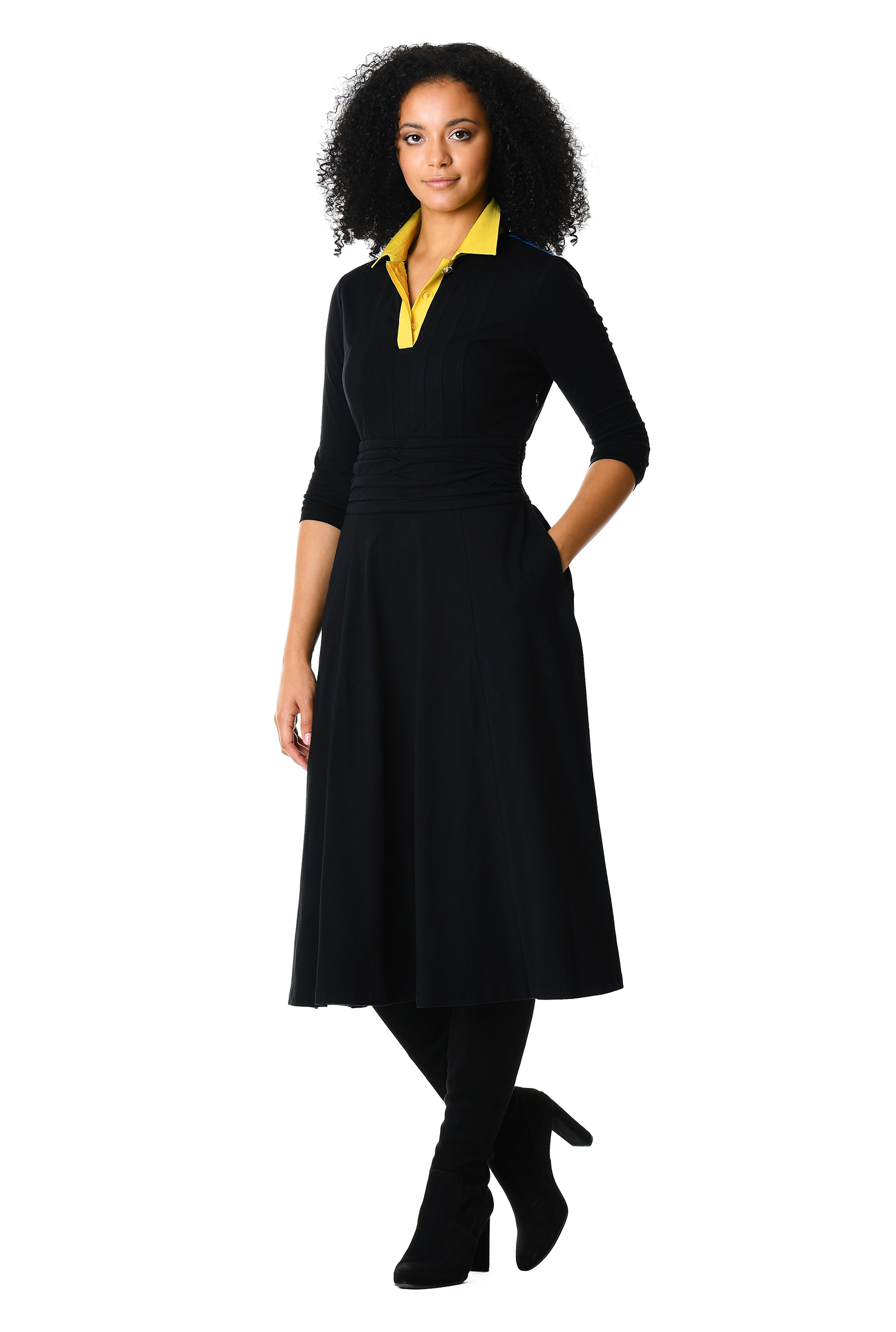 Shop Contrast collar pleat waist cotton knit shirtdress eShakti