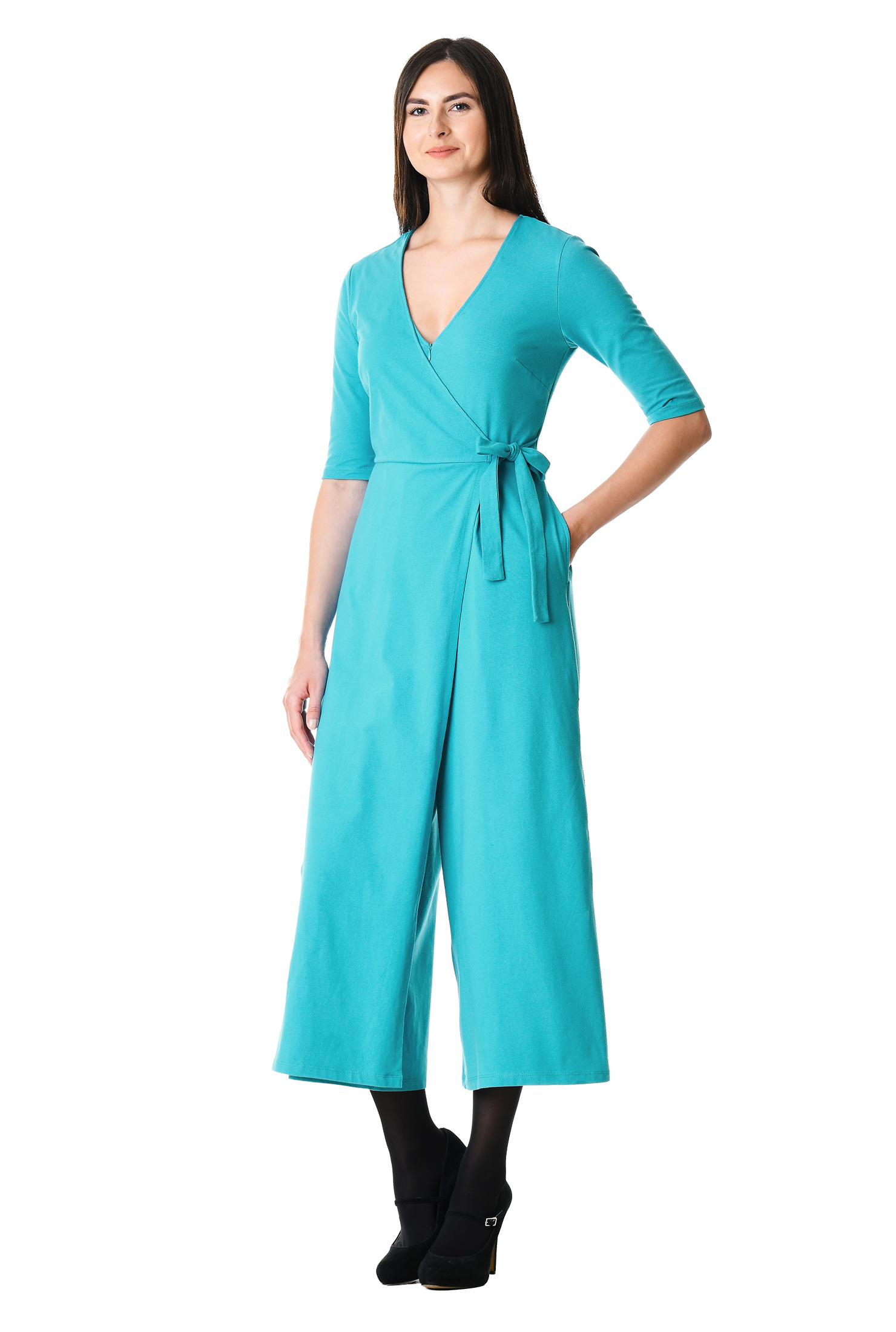 Shop Crop wide leg cotton knit wrap style jumpsuit eShakti
