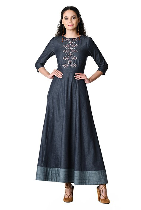 Shop Embellished Cotton Chambray Maxi Dress Eshakti