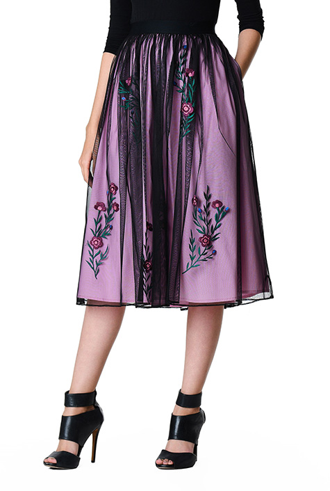 Shop Floral embellished tulle overlay cotton poplin skirt eShakti