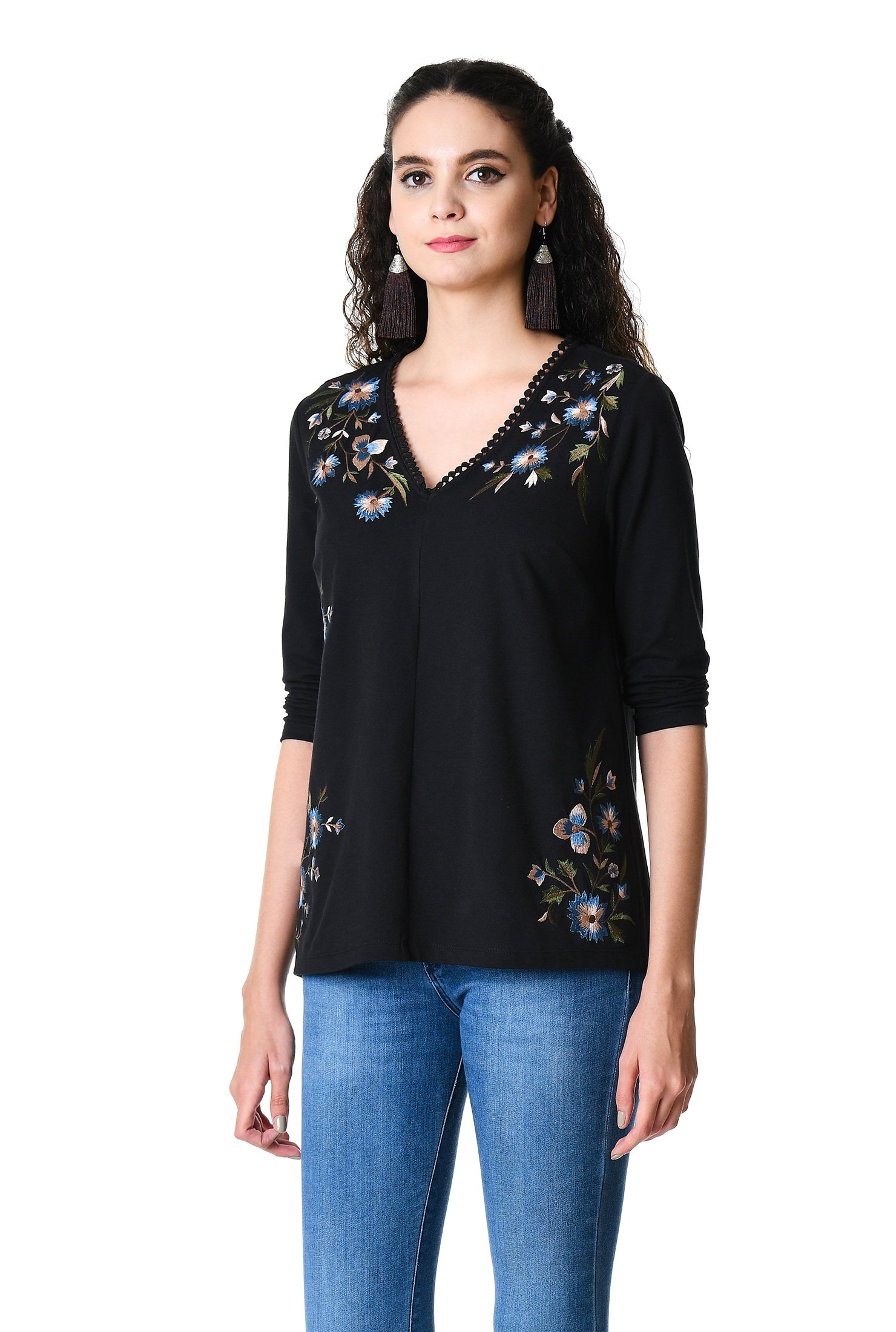 Shop Floral embellished lace trim cotton knit top | eShakti
