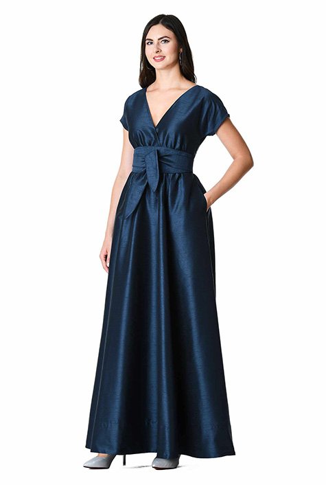 Shop Sash tie dupioni surplice maxi dress | eShakti